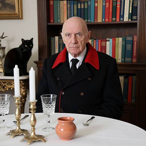 Elderly bald man in black coat with red collar sits at table, black cat behind, bookshelf and candles in background. Photograph.