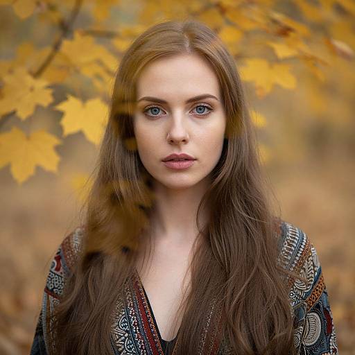 Photograph of a fair-skinned, blue-eyed young woman with long brown hair, wearing a patterned blouse, standing in a forest with autumn-yellow