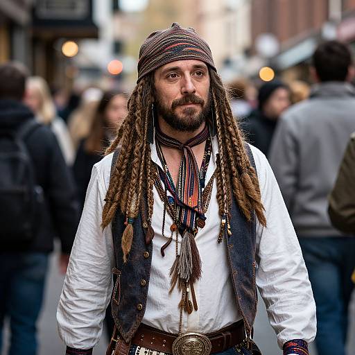 Photograph of a bearded man with long dreadlocks, wearing a pirate-style headband, white shirt, and vest, standing in a bustling city