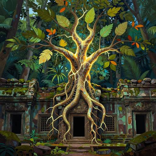 Glowing Tree Entwined Around Ancient Jungle Ruins