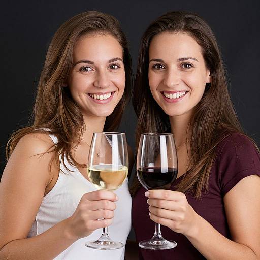 Photograph of two smiling women with long brown hair, one in a white tank top holding a glass of white wine, the other in a black top