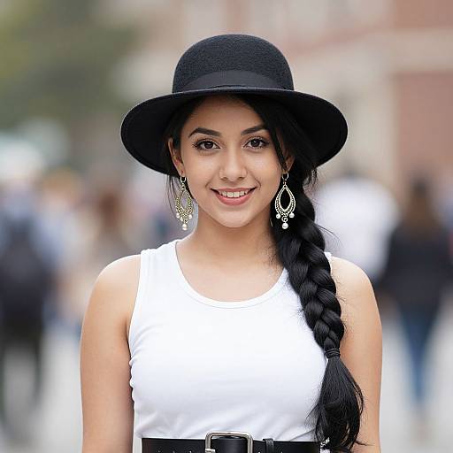 Photograph of a smiling young woman with long black braid, wearing a black hat, white sleeveless top, and black belt, standing outdoors with