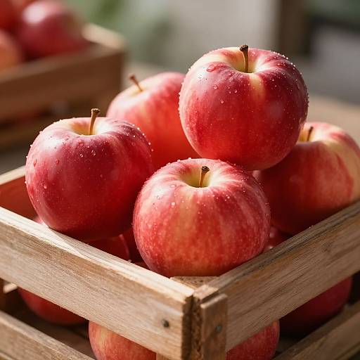 Photograph of a wooden crate filled with red apples, each covered in water droplets, with sunlight highlighting their shiny surfaces.