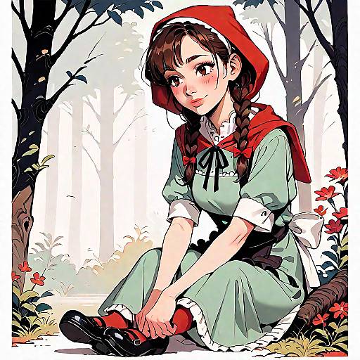 Young Girl in Forest with Red Hood Sitting