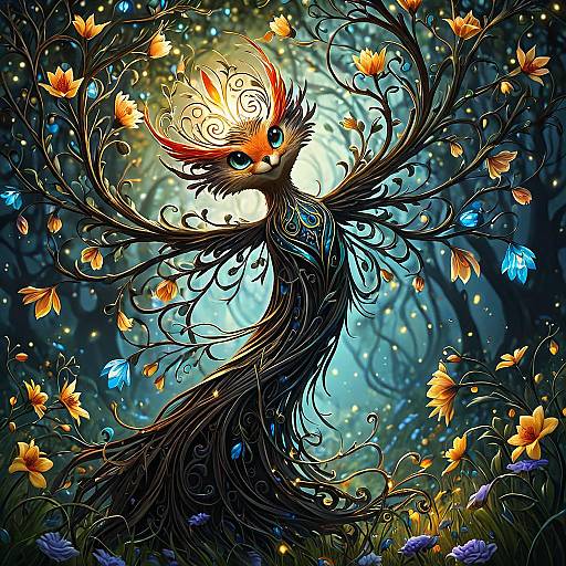 Fantasy Tree Spirit with Lantern Head and Flowering Branches