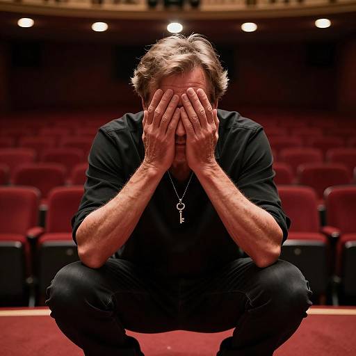 Squatting Man in Dimly Lit Theater