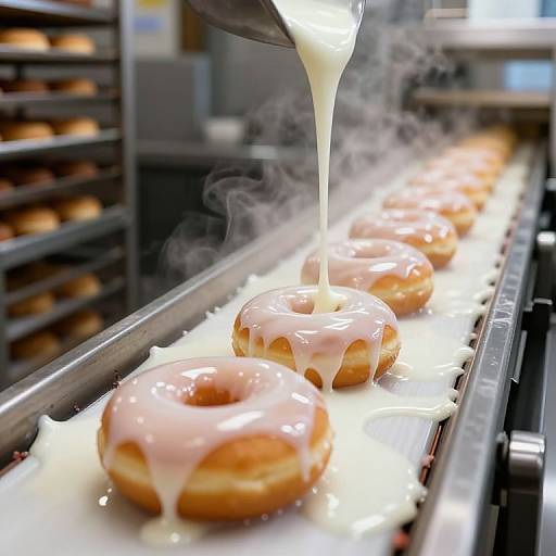 Photograph of pink-glazed donuts on a conveyor belt, being coated with white glaze in a bakery. Steam rises from the glaze.