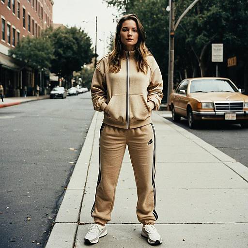 Woman in Tan Sweatsuit Set