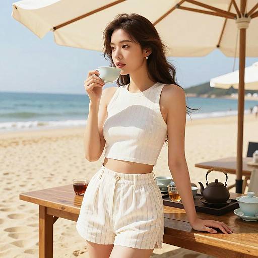 Petite Woman Enjoying Tea Beachside