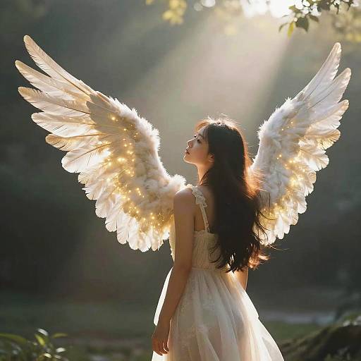 Woman with Glowing Angel Wings in Soft Sunlight