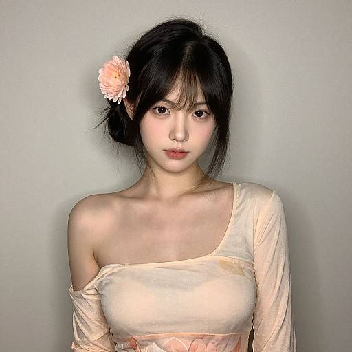 Photograph of an East Asian woman with fair skin, black hair, and a pink flower in her hair, wearing a one-shoulder, pale