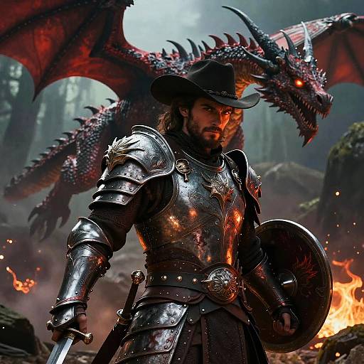 CGI fantasy image of a bearded knight in shiny silver armor, hat, and shield, standing before a roaring fire and a menacing red dragon with