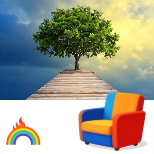 Digital artwork: wooden pier leads to green tree under yellow sky; bottom: colorful chair and rainbow. Bright, contrasting colors.