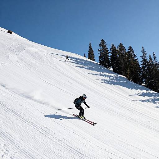 Photograph of a skier in black gear carving down a sunlit, snowy slope with clear blue sky and evergreen trees in the background.