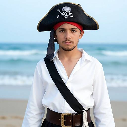 Photograph of a young man with light brown skin, short beard, and dark eyes, dressed as a pirate with a black tricorn hat, white