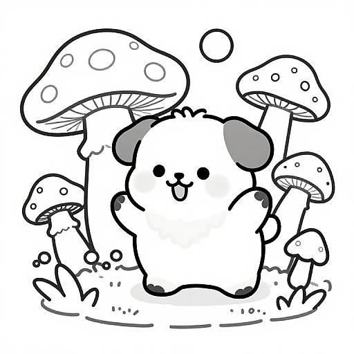 Cute black-and-white line drawing of a chubby, smiling cat surrounded by large, detailed mushrooms with spots, creating a whimsical forest scene.