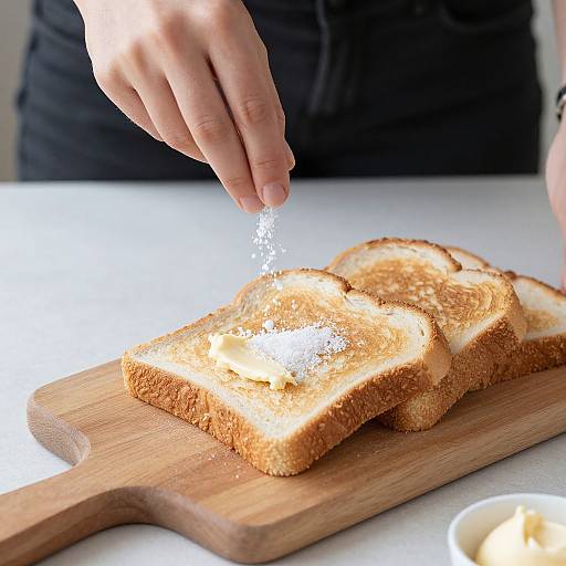Photograph of a hand sprinkling sugar onto toasted bread slices on a wooden board, with a small bowl of butter in the background.