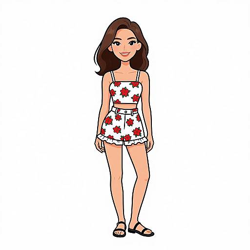 Cartoon-style digital drawing of a smiling woman with fair skin, brown hair, wearing a white floral crop top and matching high-waisted shorts,