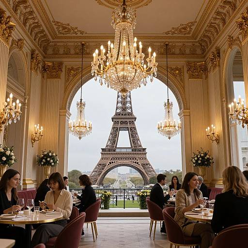 Photograph of elegant Parisian restaurant with ornate chandeliers, patrons dining, and Eiffel Tower visible through large arched window in background