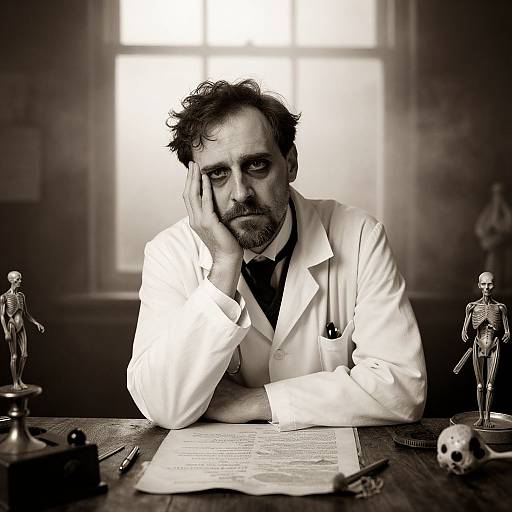 Photograph of a weary, bearded man in a white lab coat, hand on cheek, surrounded by anatomical models, papers, and skull,