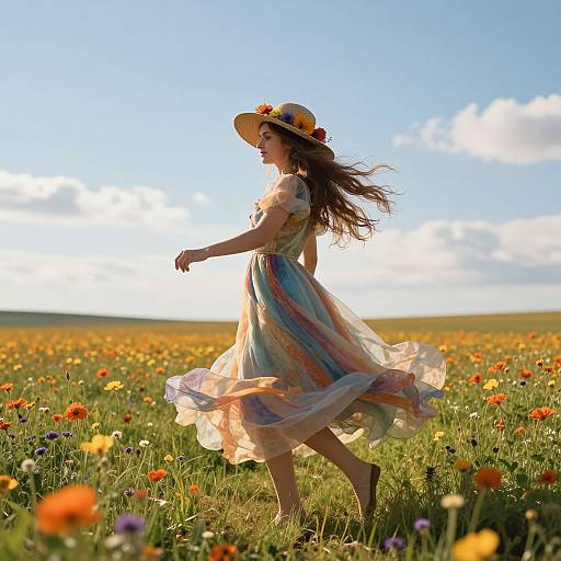 Photograph of a woman in a flowing, colorful dress and sunhat, dancing in a vibrant wildflower field under a bright blue sky.