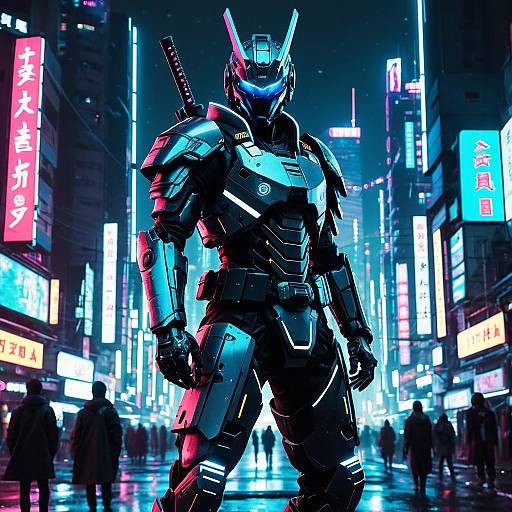 Futuristic Neon Cyborg Samurai in Dystopian City