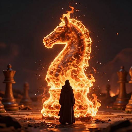 Photograph of a cloaked figure standing before a blazing, fiery horse-shaped flame, surrounded by scattered chess pieces in the dark.