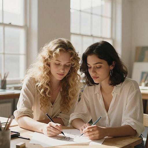 Two Women Sketching Together in Art Studio