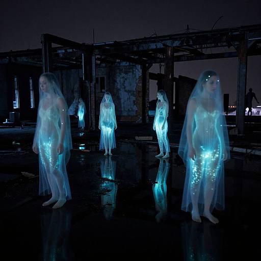 Ethereal Beings in Bioluminescent Ruins