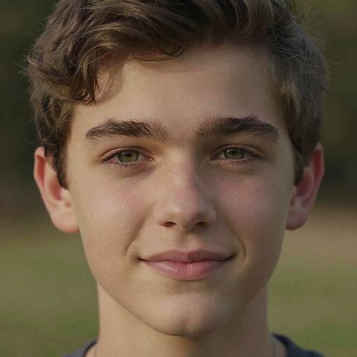 Photograph of a young Caucasian boy with brown wavy hair, green eyes, and light skin, smiling softly against a blurred green outdoor background.
