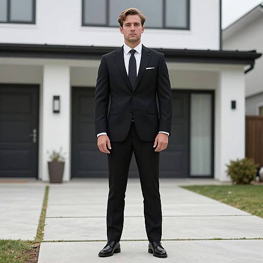 Photograph of a handsome, serious-looking man in a black suit, white shirt, and black tie, standing in front of a modern, white house
