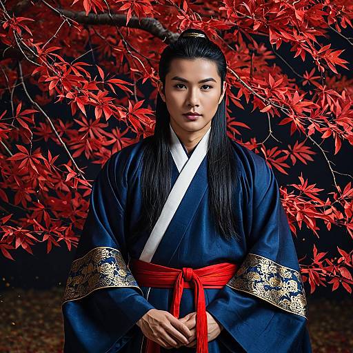 Asian Man in Traditional Korean Hanbok with Autumn Red Leaves