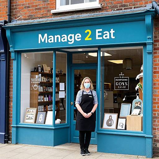 Photograph of a woman in a black apron and mask standing in front of a blue 