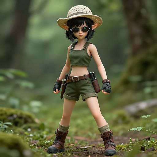 Digital CGI of a cute, anime-style elf girl in a forest, wearing a straw hat, green crop top, shorts, boots, gloves, and