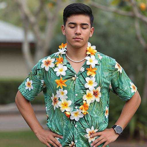 Photograph of a young Hispanic man with short black hair, wearing a green floral shirt adorned with orange and white flowers, pearl necklace, and wristwatch