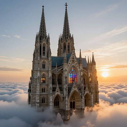 Photograph of a Gothic-style cathedral with twin spires, colorful stained glass window, and golden sunset, floating above a sea of clouds.