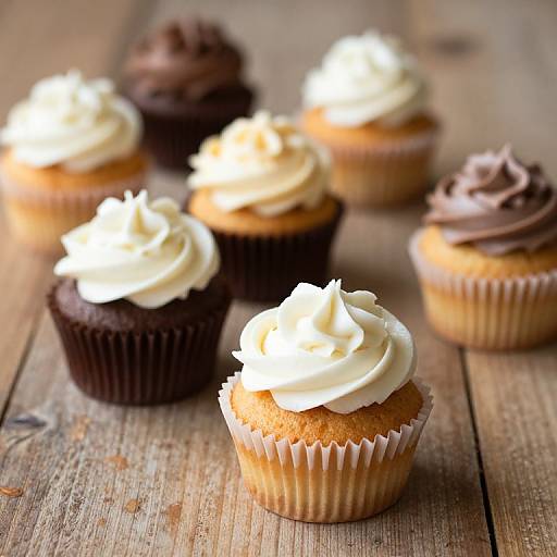 Photograph of seven cupcakes on a wooden table, alternating between chocolate and vanilla frosting, with soft, swirled tops, in white and brown paper