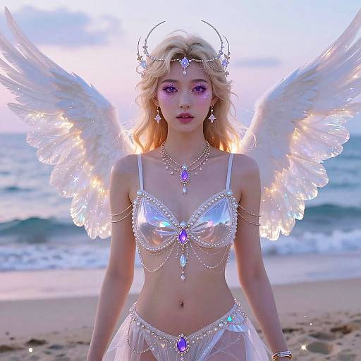 Digital art of a blonde woman with angel wings, wearing a shimmering silver bikini, adorned with jewels and chains, on a beach at sunset.