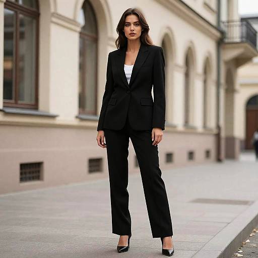 Photograph of a confident woman with long brown hair, wearing a black blazer, white top, black pants, and black heels, standing on a