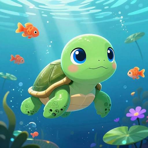 Cute digital illustration of a green cartoon turtle with big blue eyes swimming underwater, surrounded by orange fish and blue plants. Bright, colorful, and whims