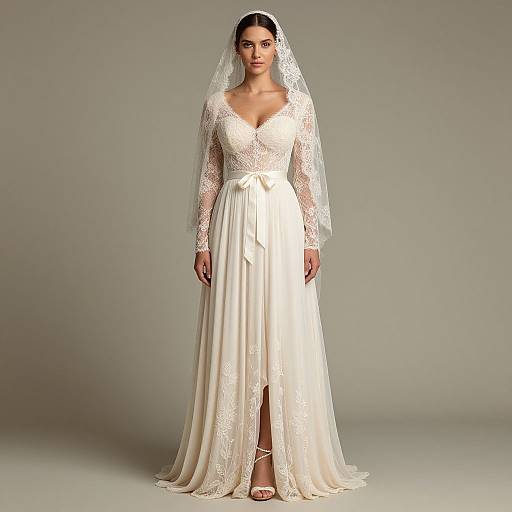 Photograph of a woman in an elegant white lace wedding dress with long sleeves, deep V-neck, and flowing skirt, wearing a veil and white sandals