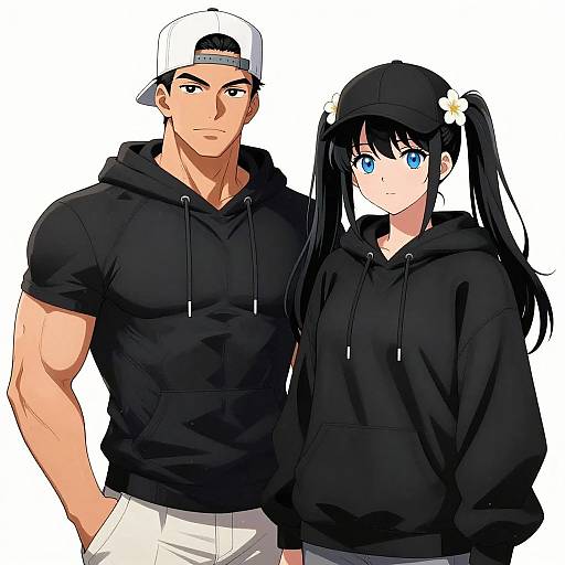 Digital anime-style drawing of a muscular man and a cute girl in black hoodies, white pants, and black caps, standing side-by-side.
