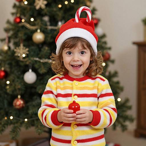 Photograph of a curly-haired toddler with brown eyes, wearing a red and white striped yellow sweater and red Santa hat, holding a candy cane, standing