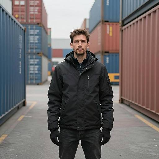 Confident Man in Busy Port Setting