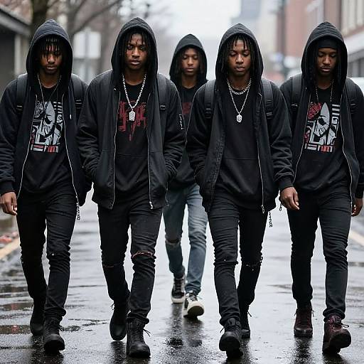 Photograph of five Black men in black hoodies and jeans walking on a wet, rainy city street, wearing chain necklaces and graphic tees,