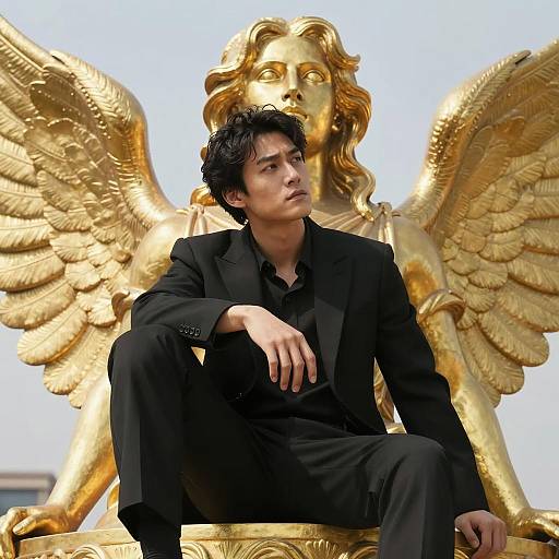 Contemplative Man on Golden Winged Statue