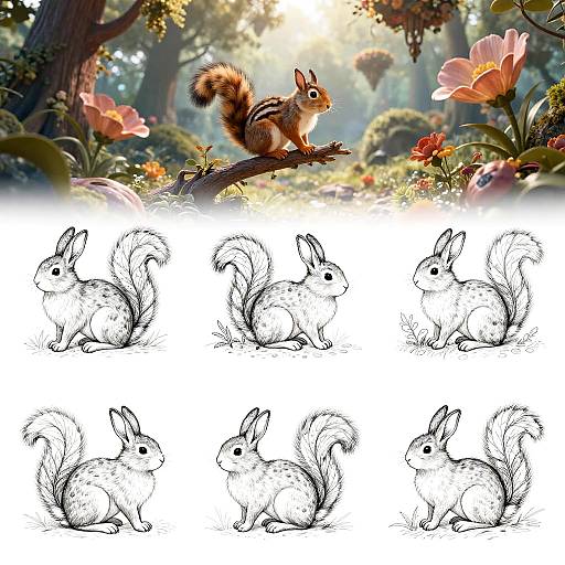 Mystical Squirrel Line Art Scenes