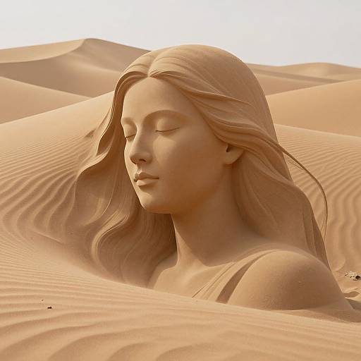 Digital artwork of a serene, blonde, sand-sculpture woman with closed eyes, nestled in rippling sand dunes, blending with the golden