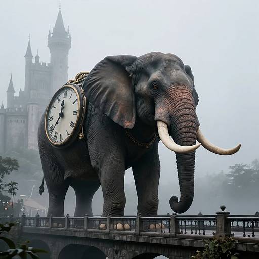 Colossal Elephant with Clock on Foggy Bridge