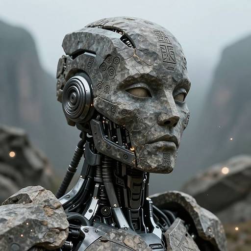 Photorealistic CGI of a cybernetic humanoid with a rocky, textured face, intricate mechanical parts, and a mountainous, foggy background.